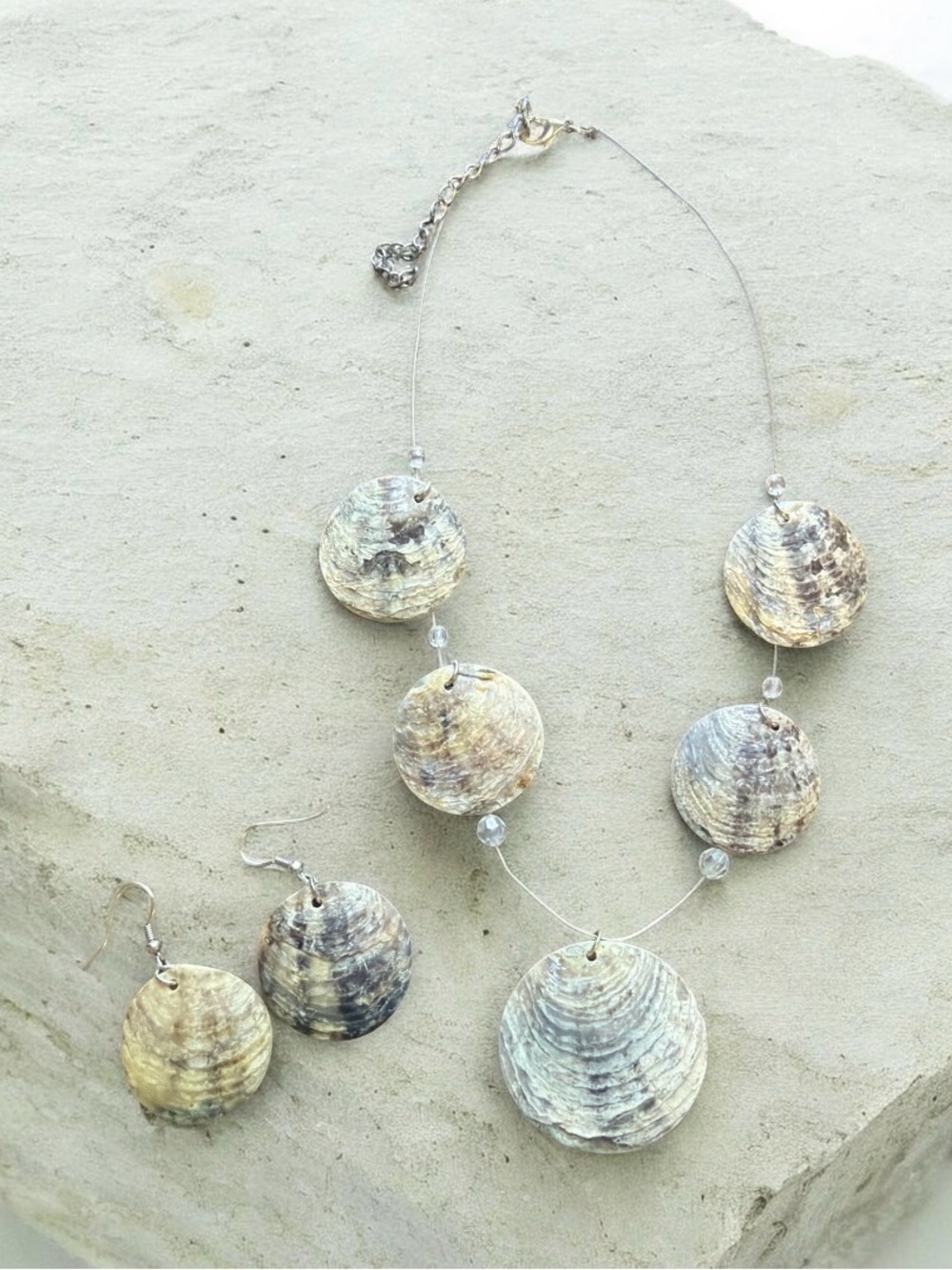 Handcrafted Natural Capiz Shell Disc Necklace & Earring Set Coastal Boho NEW